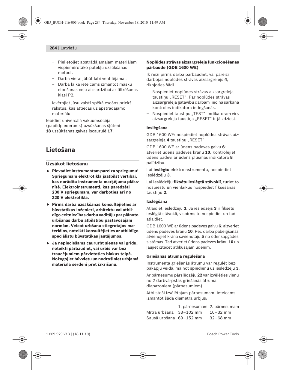 Lietošana | Bosch GDB 1600 WE Professional User Manual | Page 284 / 314