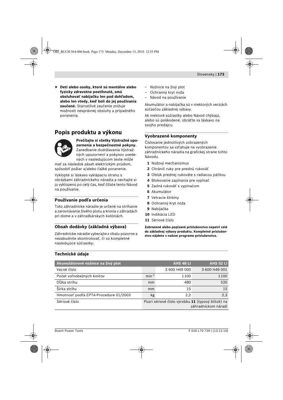 Popis produktu a výkonu | Bosch AHS 52 LI User Manual | Page 173 / 297