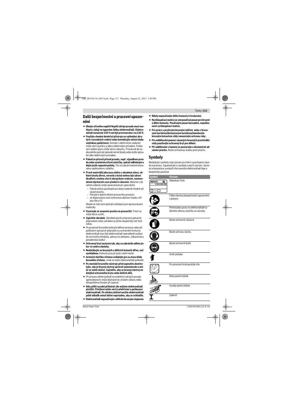 Další bezpečnostní a pracovní upozor- nění, Symboly | Bosch GWS 780 C Professional User Manual | Page 113 / 261