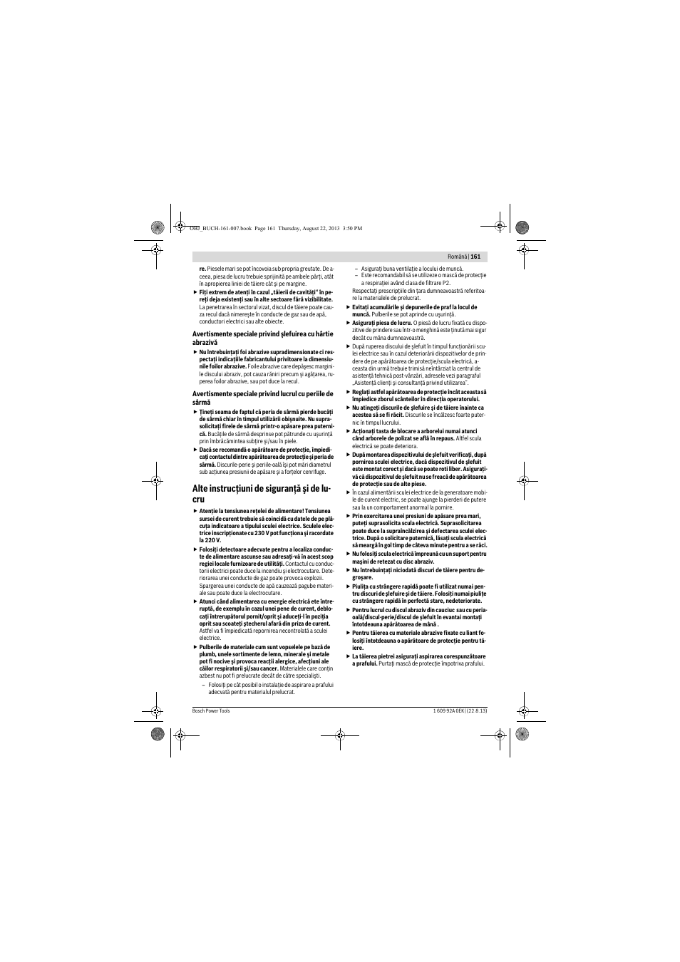 Alte instrucţiuni de siguranţă şi de lu- cru | Bosch GWS 780 C Professional User Manual | Page 161 / 261