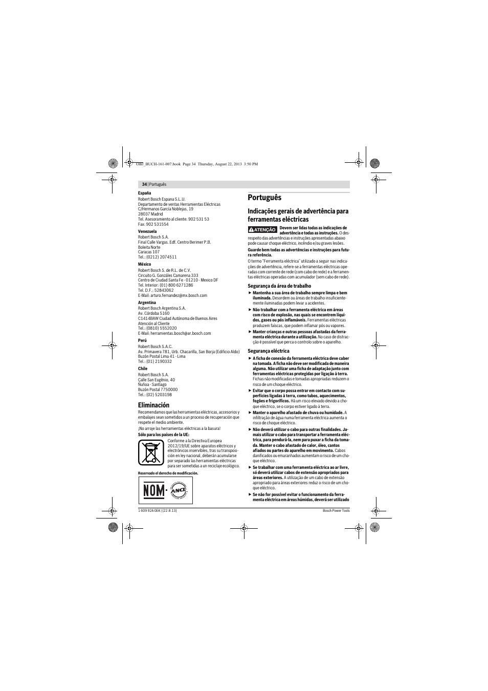 Português, Eliminación | Bosch GWS 780 C Professional User Manual | Page 34 / 261