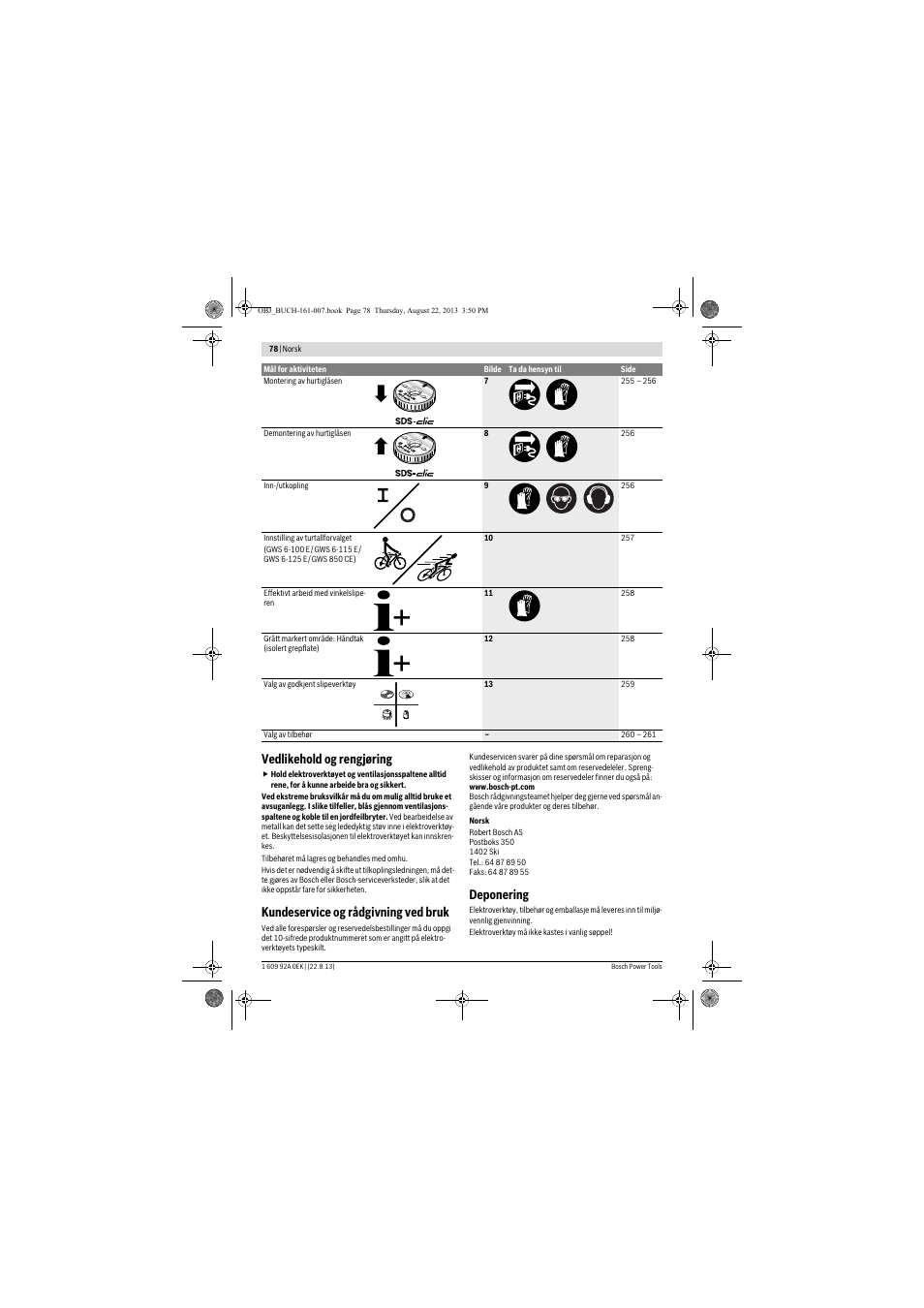 Vedlikehold og rengjøring, Kundeservice og rådgivning ved bruk, Deponering | Bosch GWS 780 C Professional User Manual | Page 78 / 261