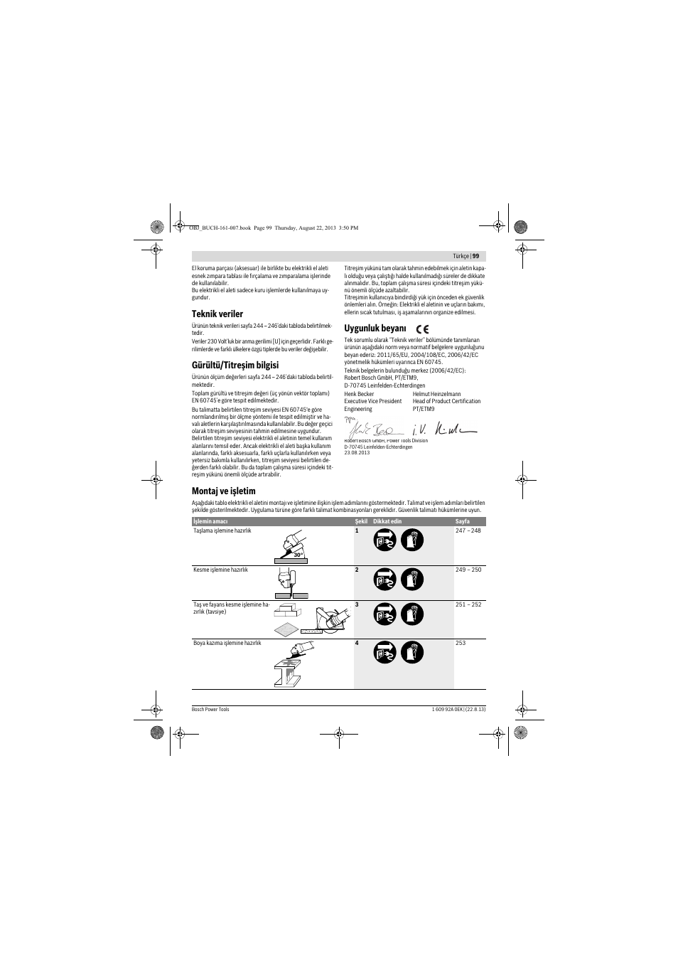 Teknik veriler, Gürültü/titreşim bilgisi, Uygunluk beyanı | Montaj ve işletim | Bosch GWS 780 C Professional User Manual | Page 99 / 261