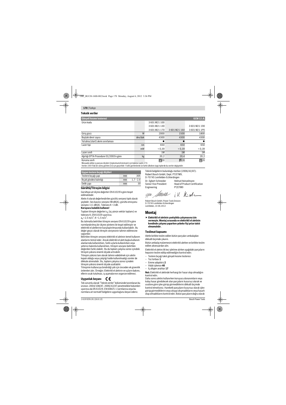 Montaj | Bosch GCM 12 JL Professional User Manual | Page 170 / 384