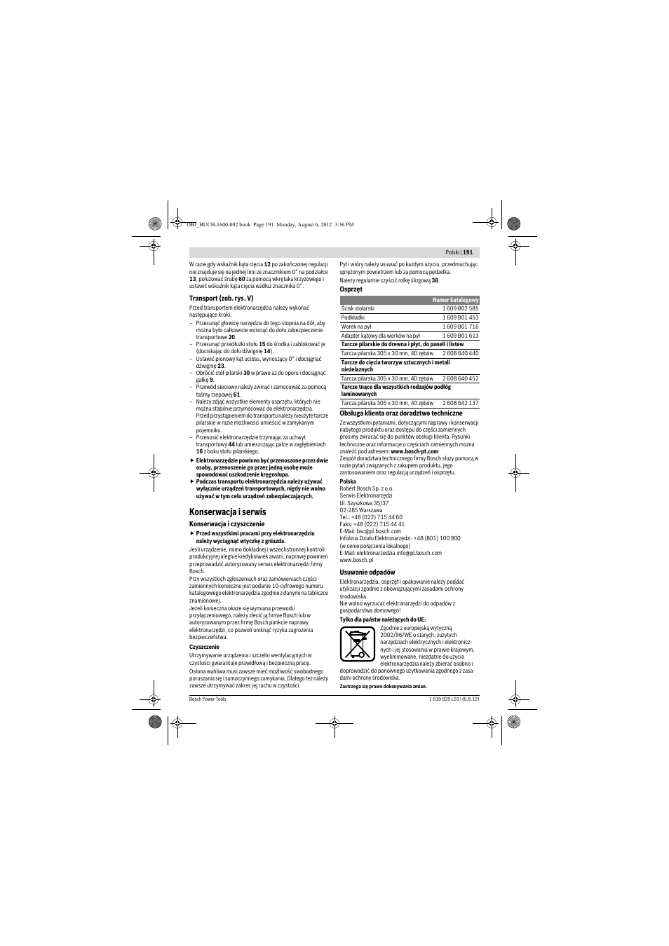 Konserwacja i serwis | Bosch GCM 12 JL Professional User Manual | Page 191 / 384
