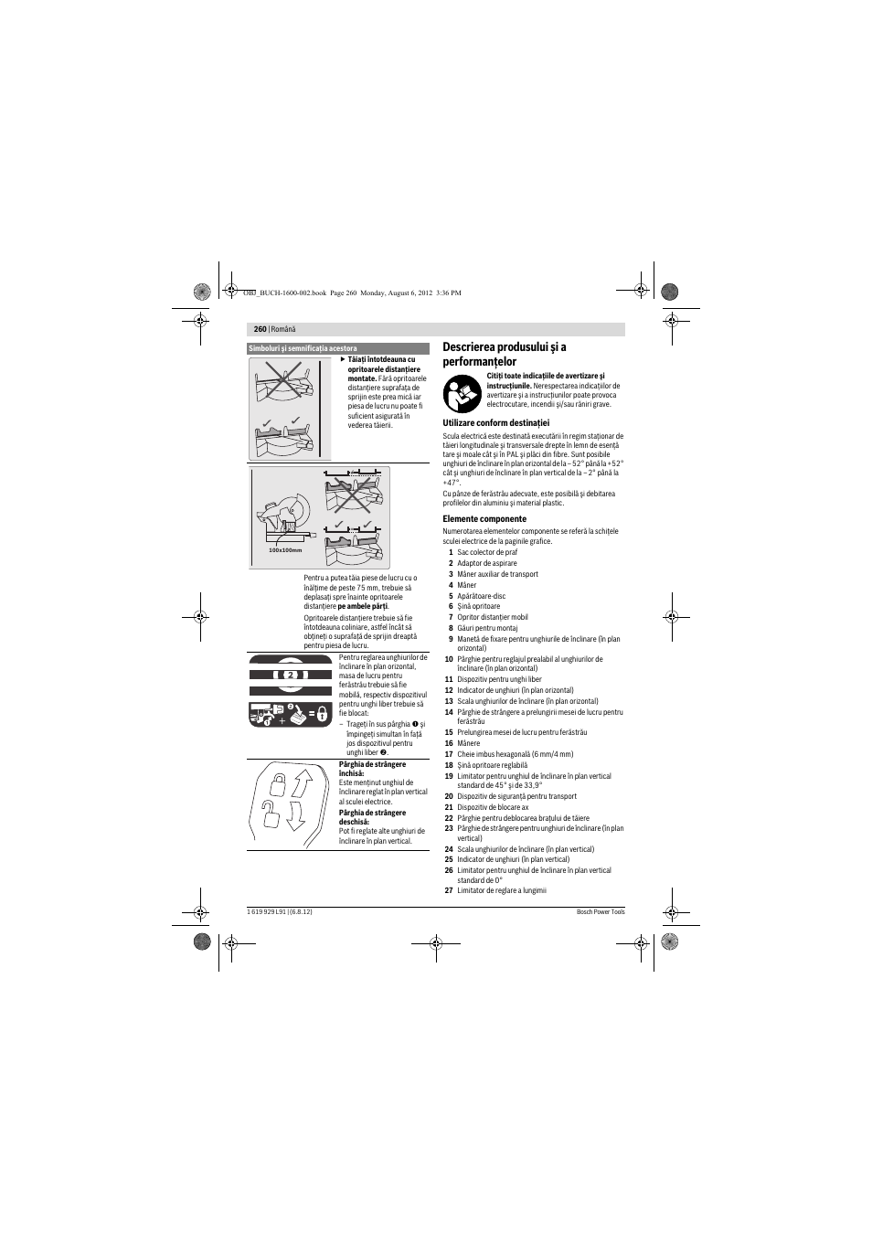Descrierea produsului şi a performanţelor | Bosch GCM 12 JL Professional User Manual | Page 260 / 384