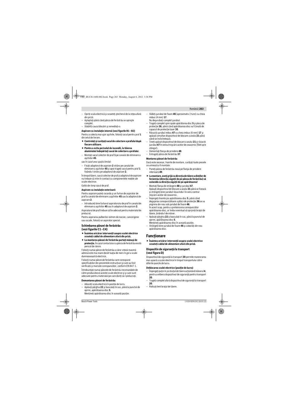 Funcţionare | Bosch GCM 12 JL Professional User Manual | Page 263 / 384