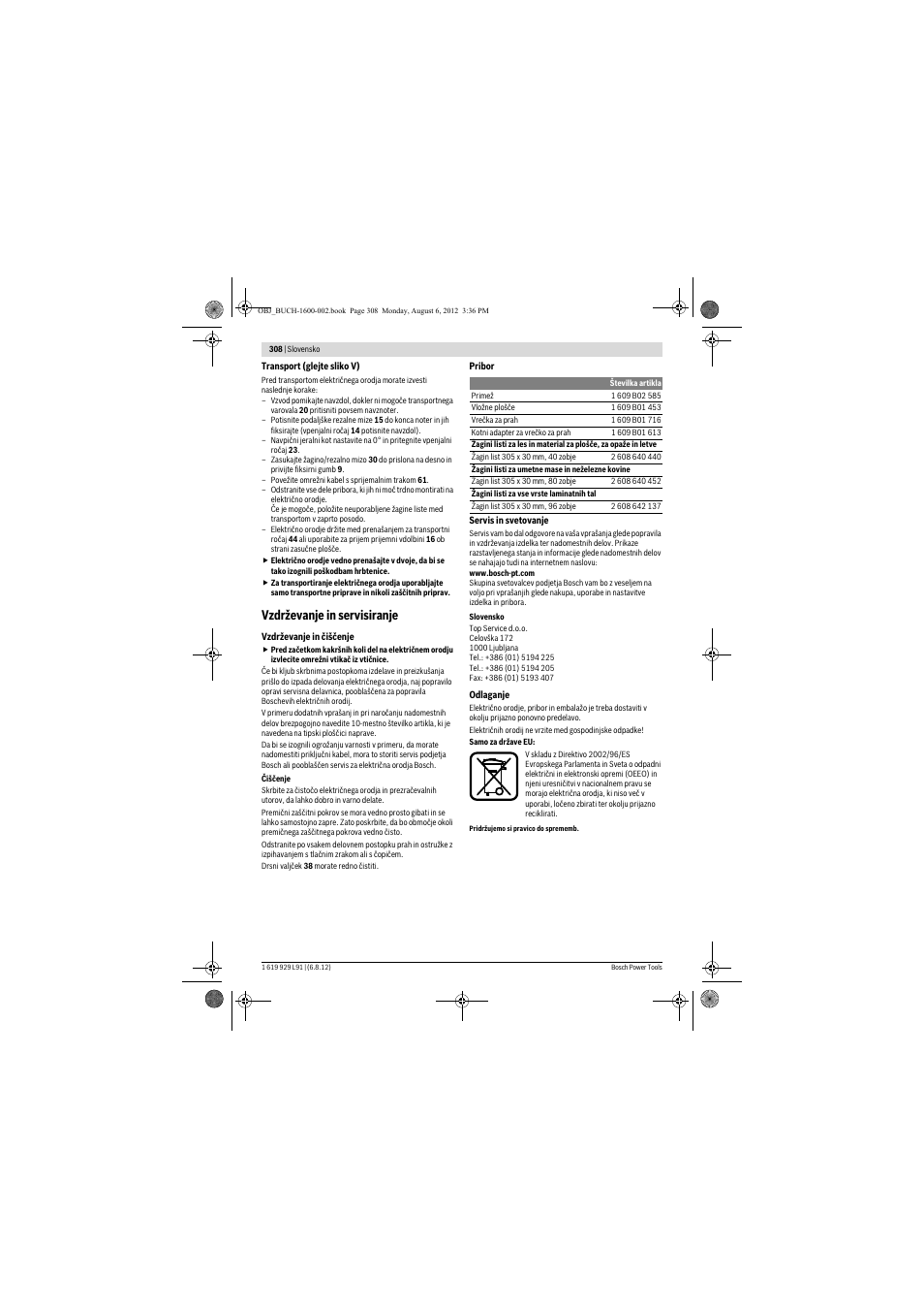Vzdrževanje in servisiranje | Bosch GCM 12 JL Professional User Manual | Page 308 / 384