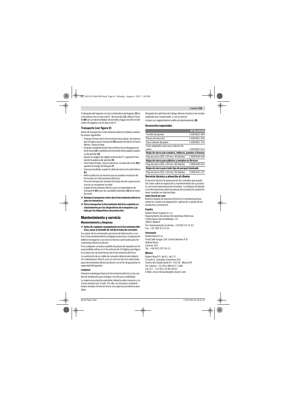 Mantenimiento y servicio | Bosch GCM 12 JL Professional User Manual | Page 63 / 384