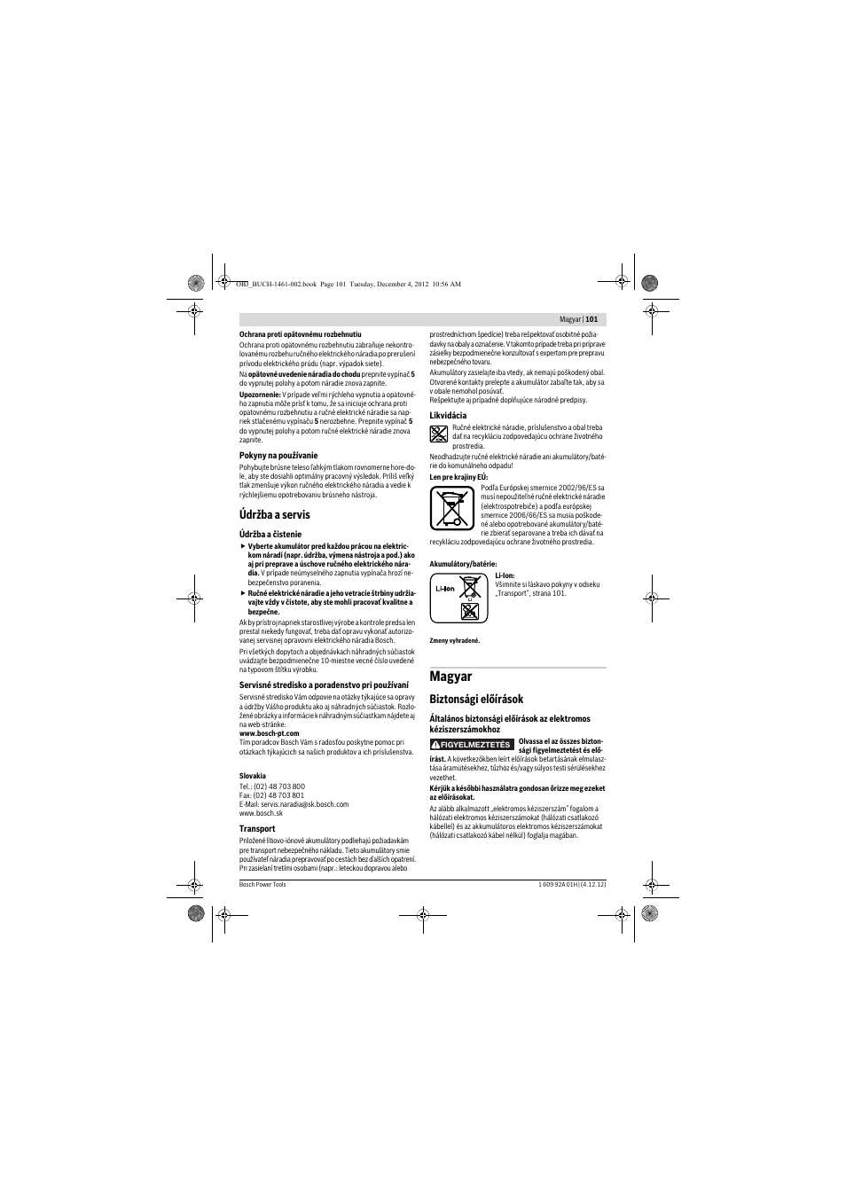 Magyar, Údržba a servis, Biztonsági előírások | Bosch GGS 18 V-LI Professional User Manual | Page 101 / 189