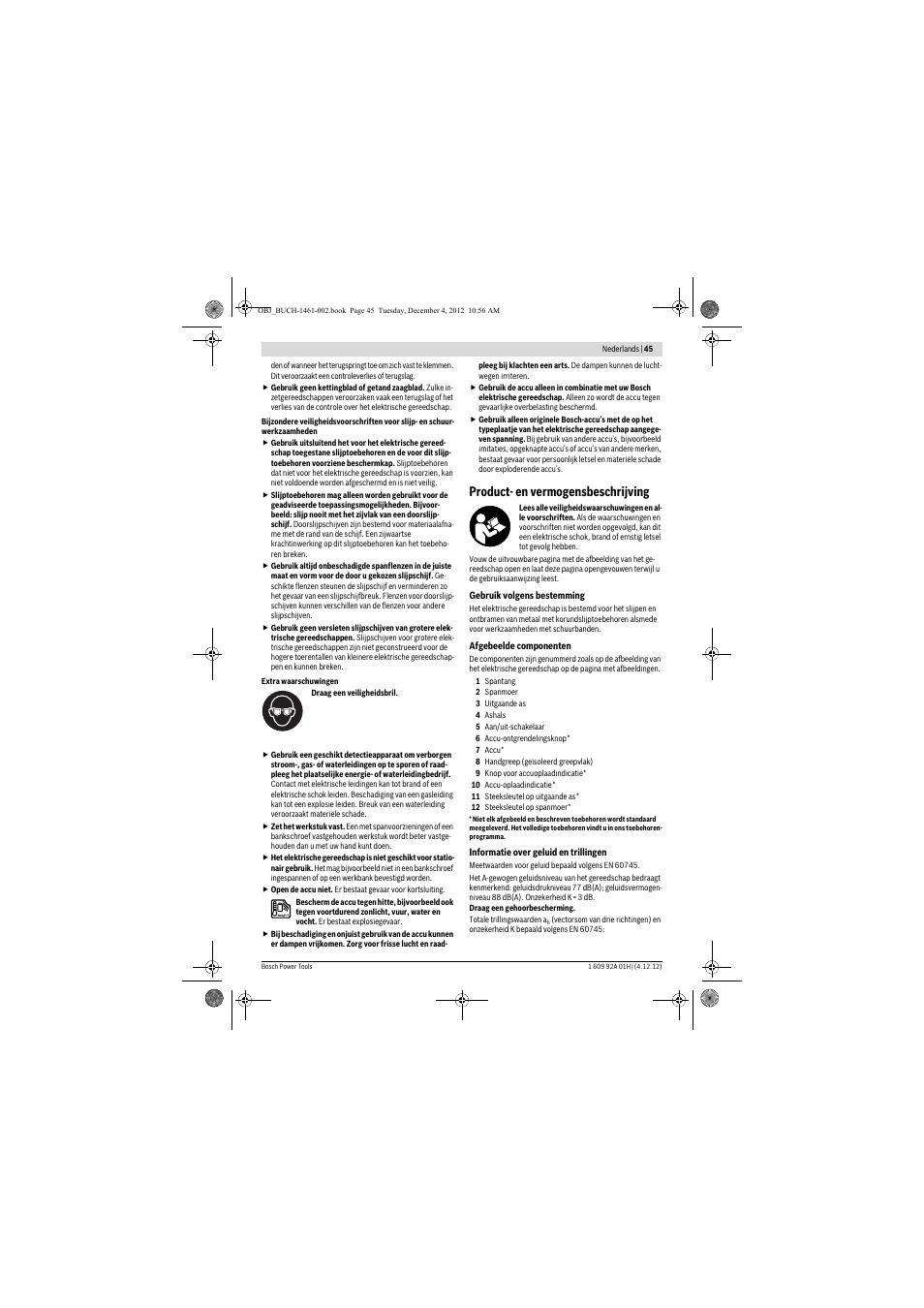 Product- en vermogensbeschrijving | Bosch GGS 18 V-LI Professional User Manual | Page 45 / 189
