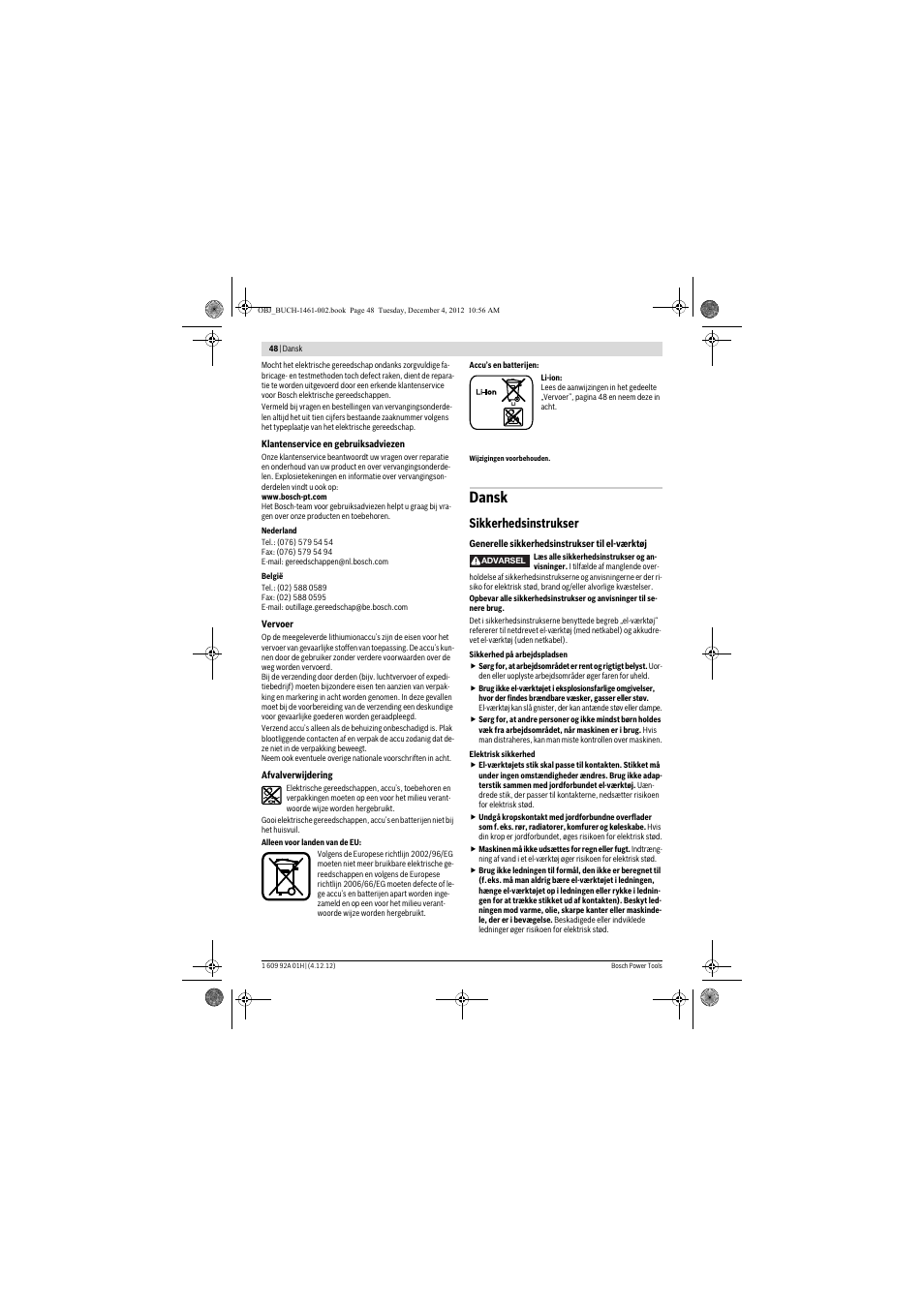 Dansk, Sikkerhedsinstrukser | Bosch GGS 18 V-LI Professional User Manual | Page 48 / 189