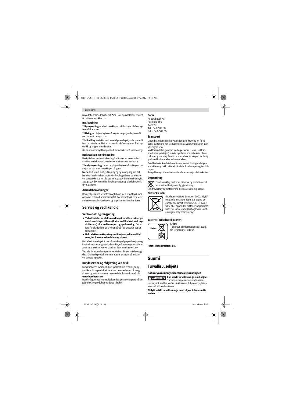 Suomi, Service og vedlikehold, Turvallisuusohjeita | Bosch GGS 18 V-LI Professional User Manual | Page 64 / 189
