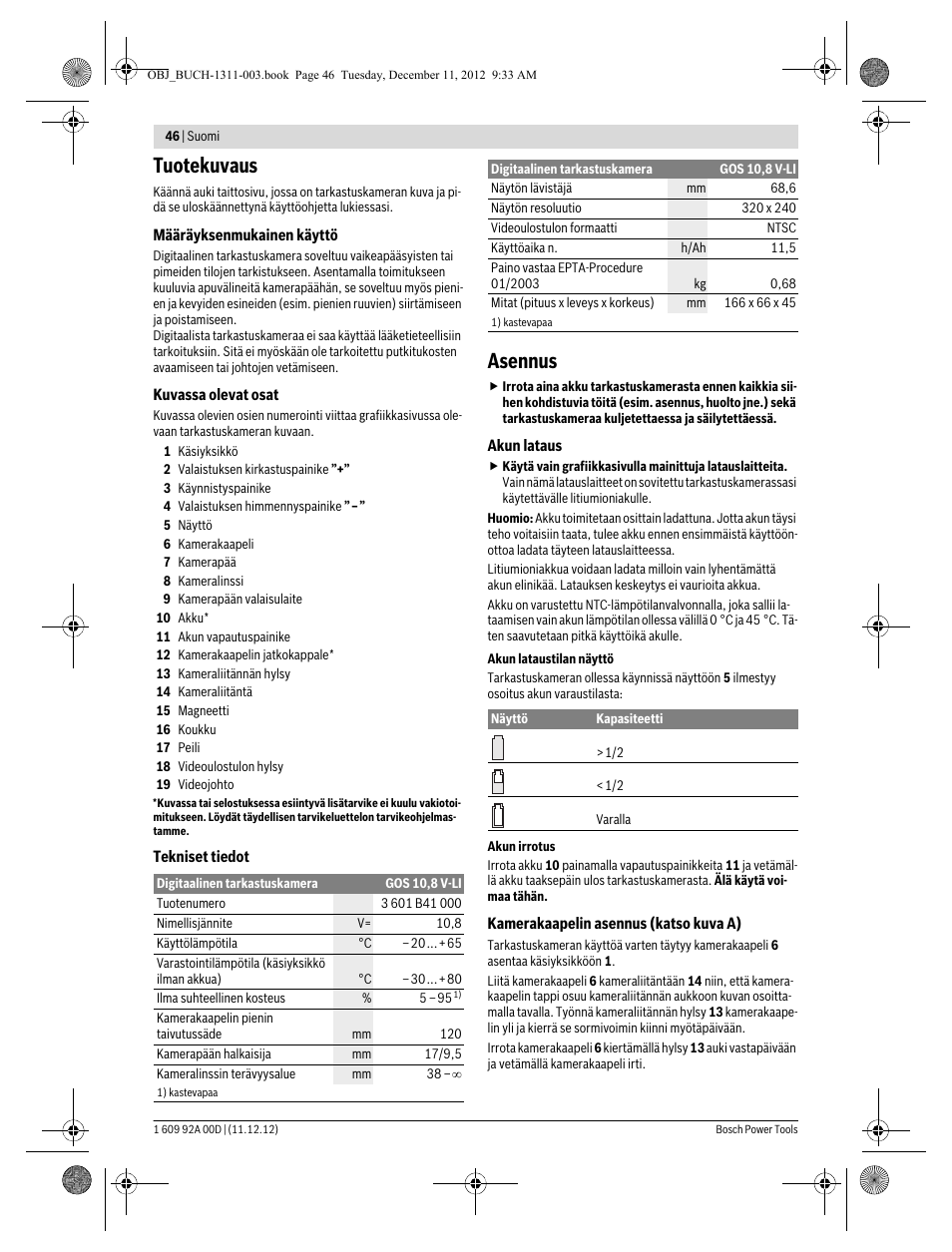 Tuotekuvaus, Asennus | Bosch GOS 10,8 V-LI Professional User Manual | Page 46 / 117