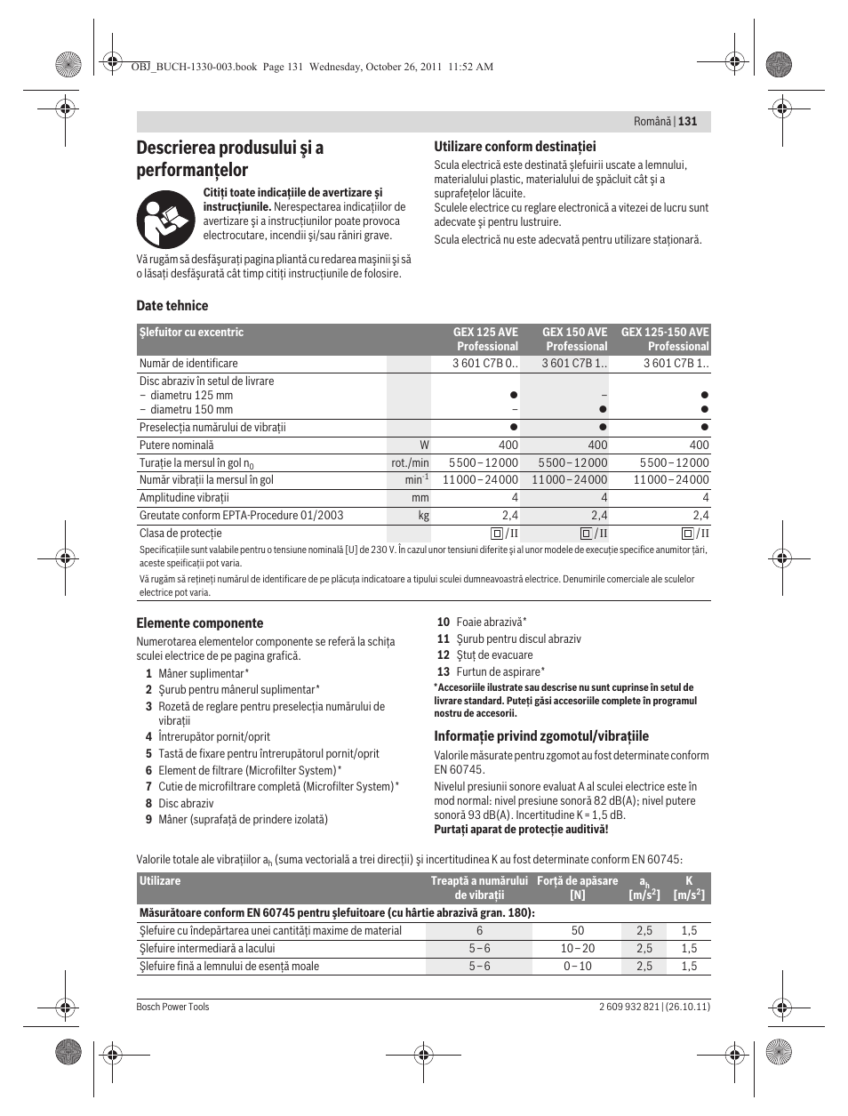 Descrierea produsului şi a performanţelor | Bosch GEX 125-150 AVE Professional User Manual | Page 131 / 194