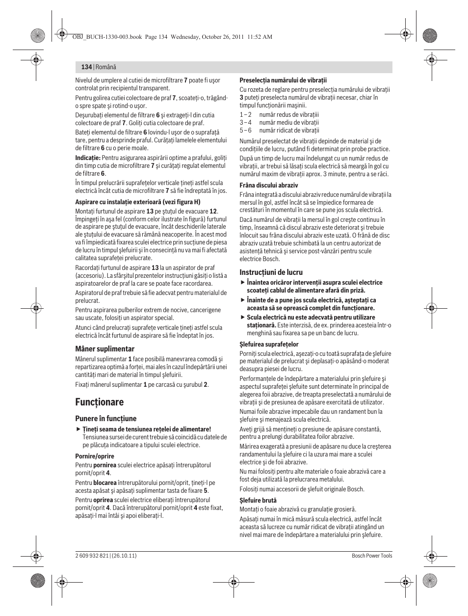 Funcţionare | Bosch GEX 125-150 AVE Professional User Manual | Page 134 / 194
