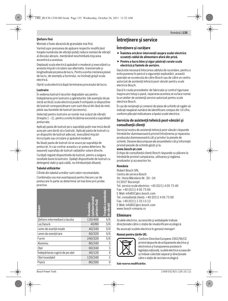 Întreţinere şi service | Bosch GEX 125-150 AVE Professional User Manual | Page 135 / 194