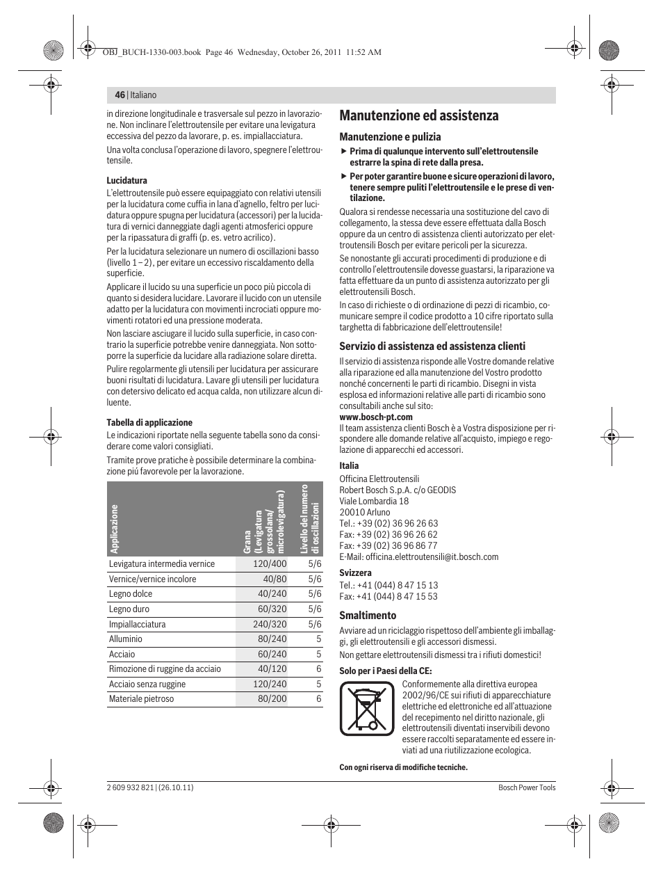 Manutenzione ed assistenza | Bosch GEX 125-150 AVE Professional User Manual | Page 46 / 194