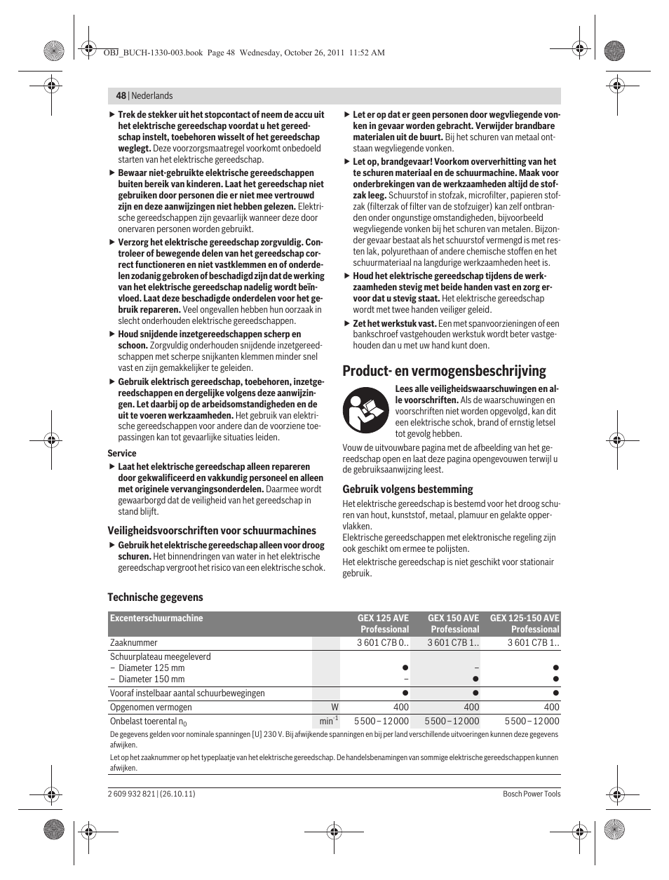 Product- en vermogensbeschrijving | Bosch GEX 125-150 AVE Professional User Manual | Page 48 / 194