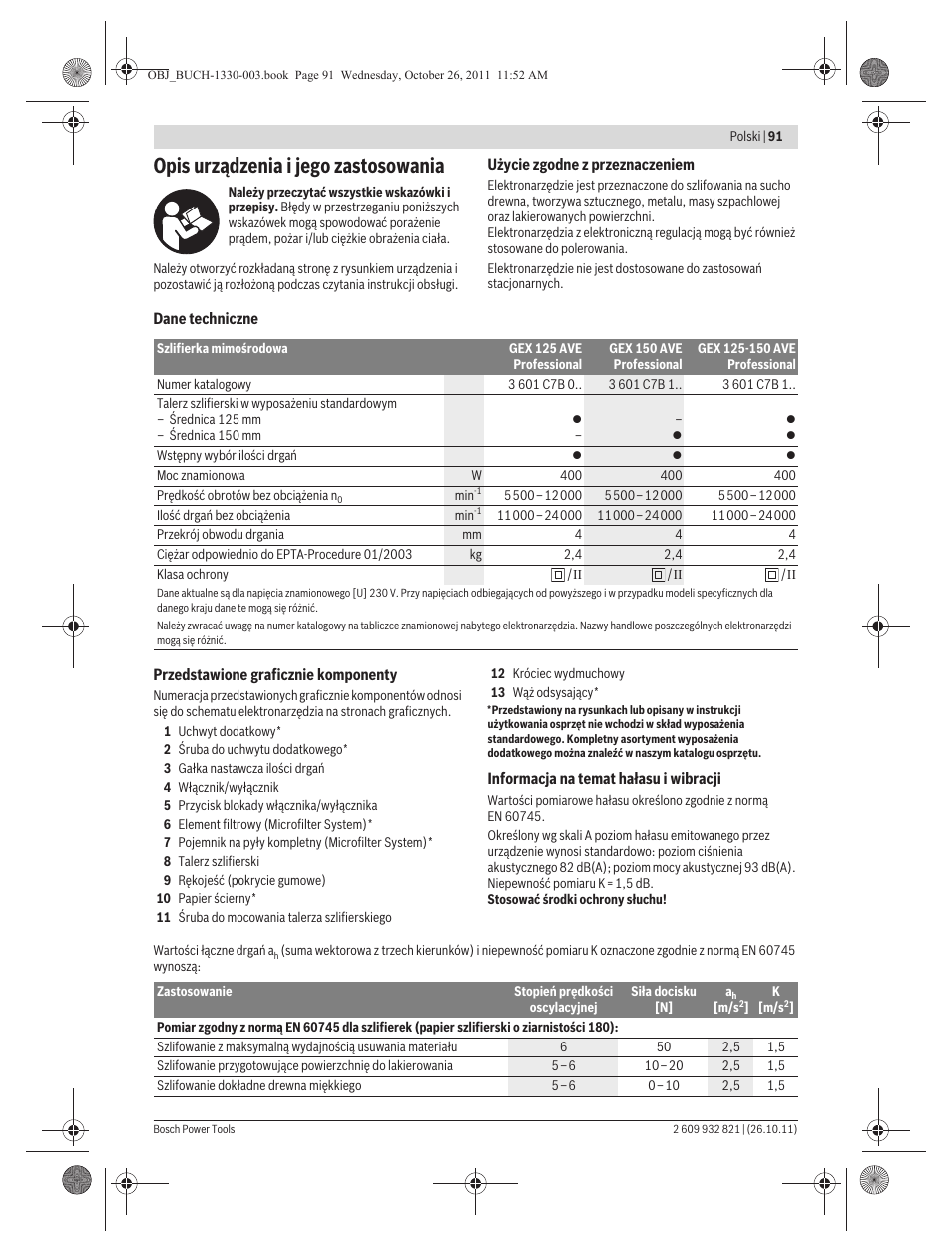 Opis urządzenia i jego zastosowania | Bosch GEX 125-150 AVE Professional User Manual | Page 91 / 194