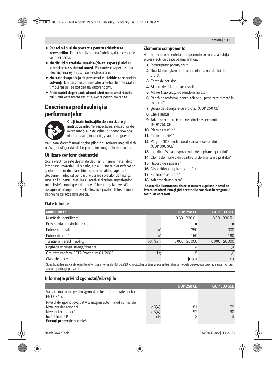 Descrierea produsului şi a performanţelor | Bosch GOP 250 CE Professional User Manual | Page 133 / 199