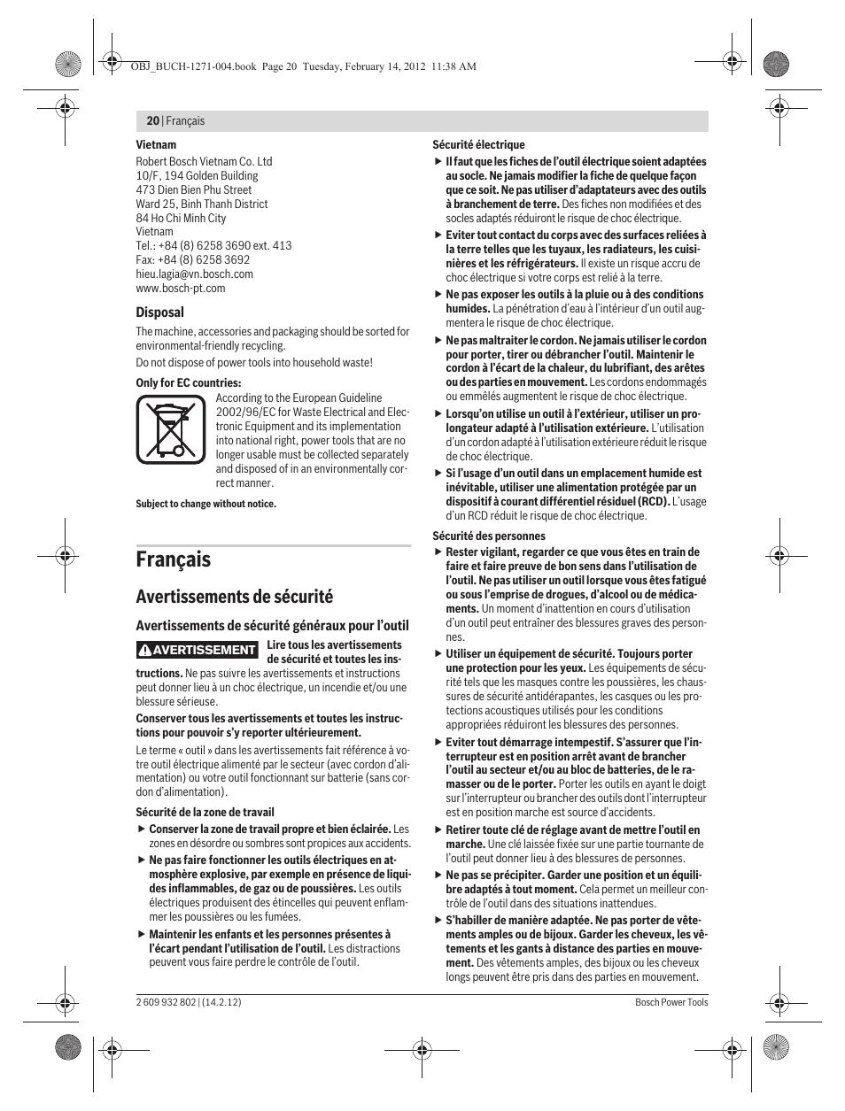Français, Avertissements de sécurité | Bosch GOP 250 CE Professional User Manual | Page 20 / 199