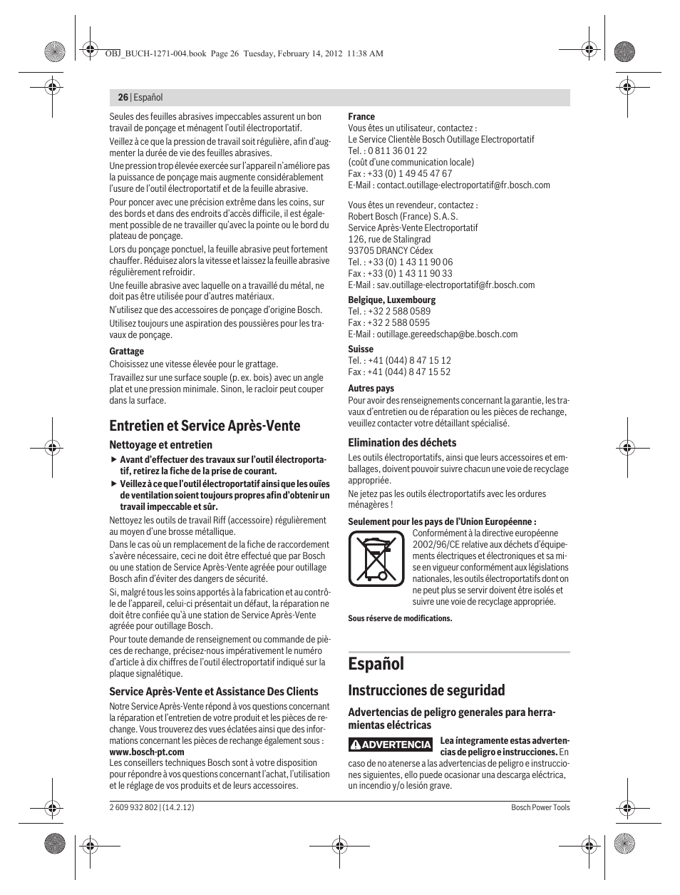 Español, Entretien et service après-vente, Instrucciones de seguridad | Bosch GOP 250 CE Professional User Manual | Page 26 / 199