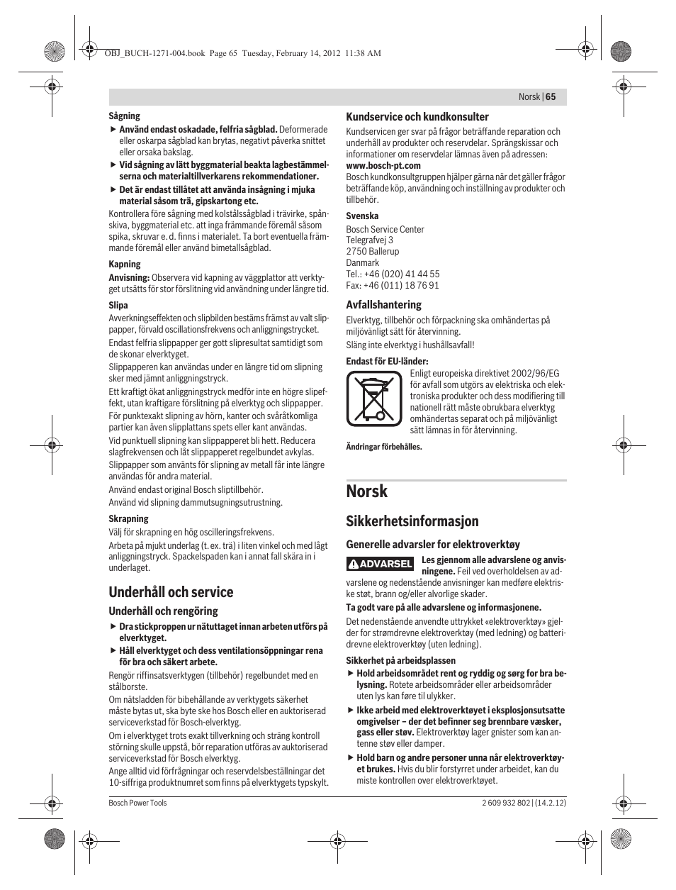 Norsk, Underhåll och service, Sikkerhetsinformasjon | Bosch GOP 250 CE Professional User Manual | Page 65 / 199