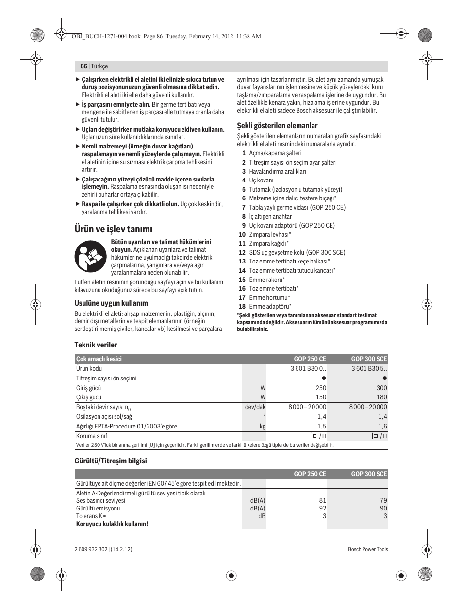 Ürün ve işlev tan m | Bosch GOP 250 CE Professional User Manual | Page 86 / 199
