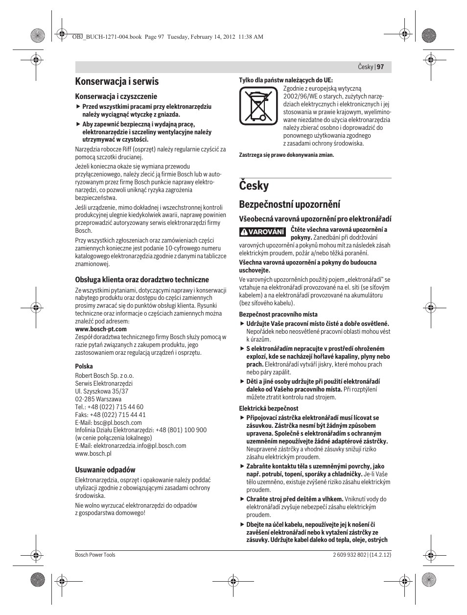 Česky, Konserwacja i serwis, Bezpečnostní upozornění | Bosch GOP 250 CE Professional User Manual | Page 97 / 199