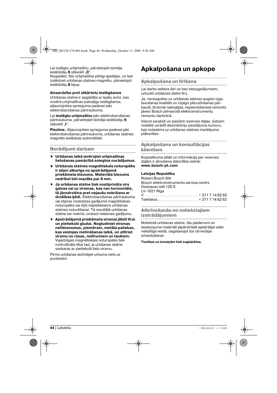 Apkalpošana un apkope | Bosch GMB 32 Professional User Manual | Page 44 / 48