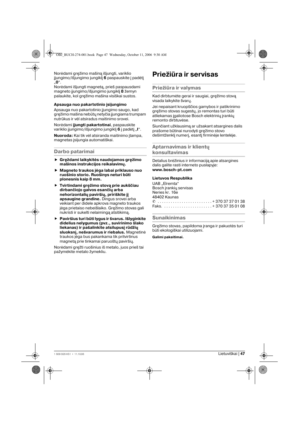 Priežiūra ir servisas | Bosch GMB 32 Professional User Manual | Page 47 / 48