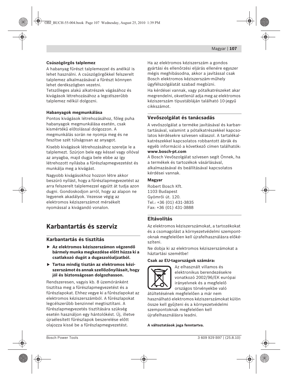Karbantartás és szerviz | Bosch GSG 300 Professional User Manual | Page 107 / 179
