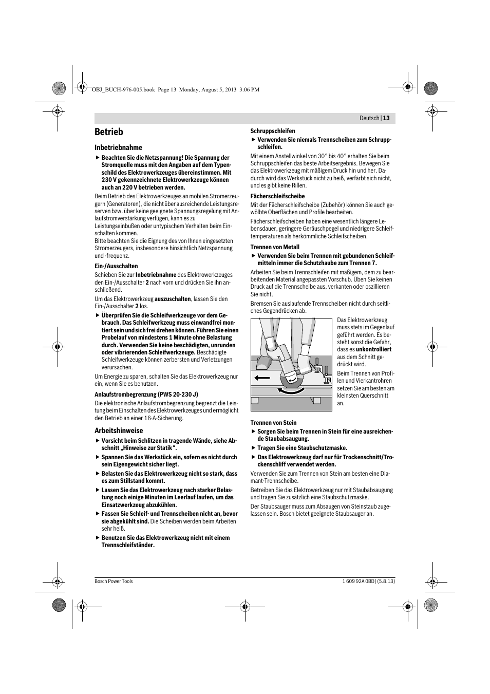 Betrieb | Bosch PWS 20-230 J User Manual | Page 13 / 267