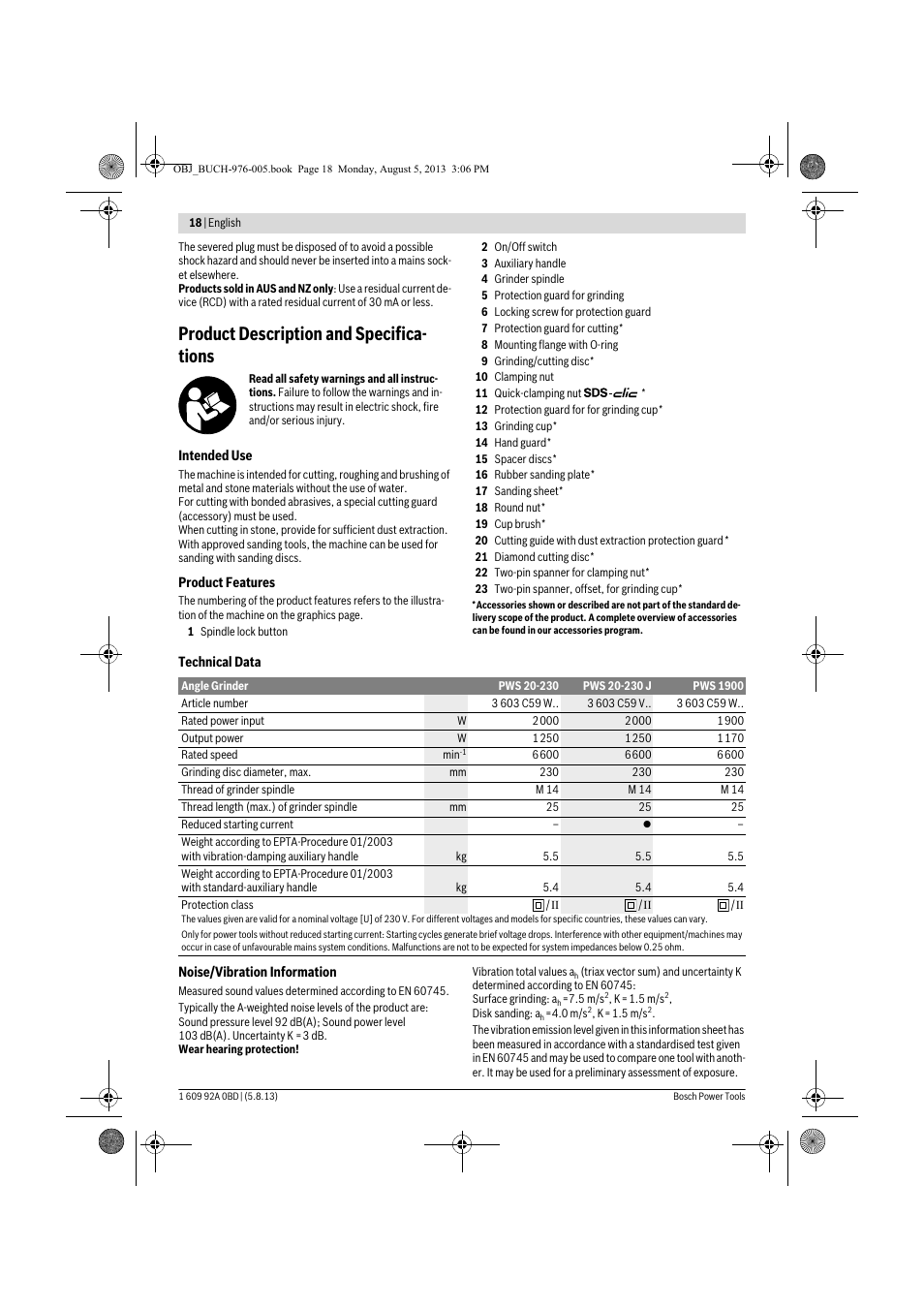Product description and specifica- tions | Bosch PWS 20-230 J User Manual | Page 18 / 267