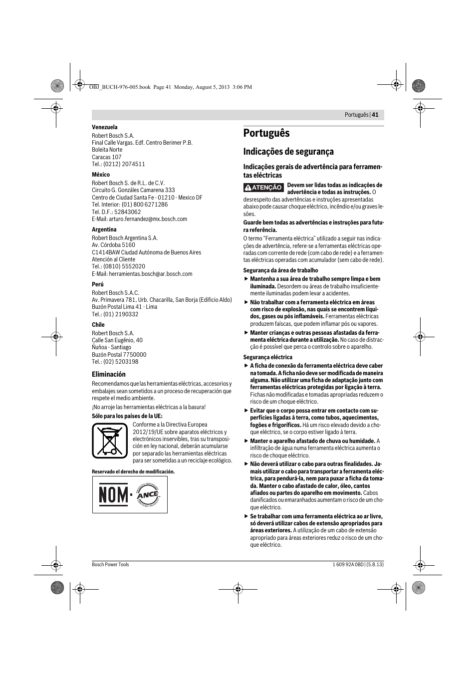 Português, Indicações de segurança | Bosch PWS 20-230 J User Manual | Page 41 / 267