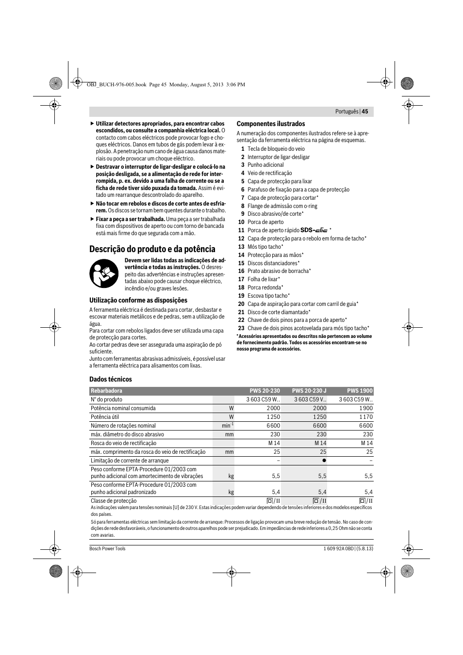 Descrição do produto e da potência | Bosch PWS 20-230 J User Manual | Page 45 / 267