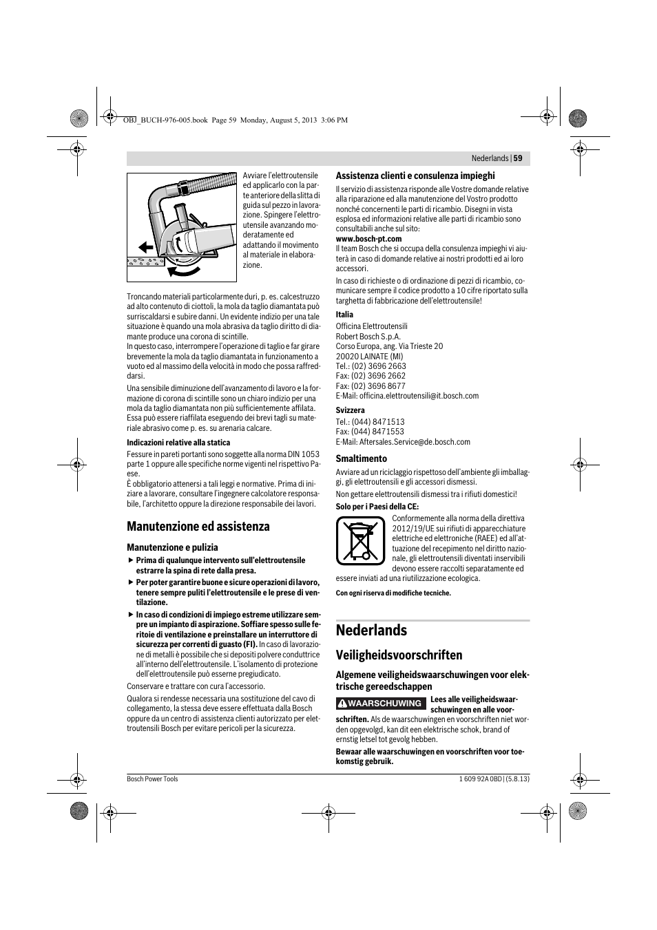 Nederlands, Manutenzione ed assistenza, Veiligheidsvoorschriften | Bosch PWS 20-230 J User Manual | Page 59 / 267