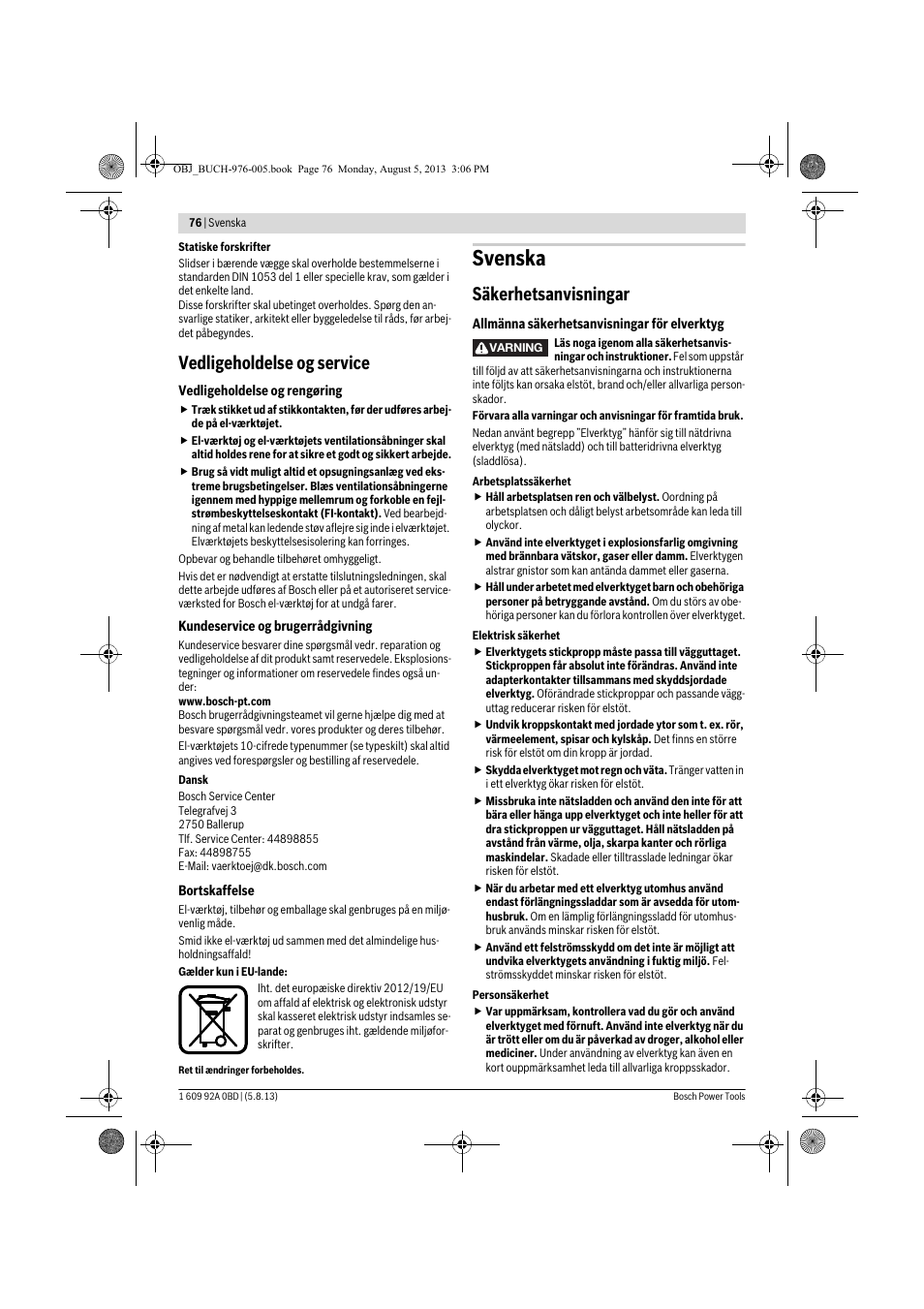 Svenska, Vedligeholdelse og service, Säkerhetsanvisningar | Bosch PWS 20-230 J User Manual | Page 76 / 267