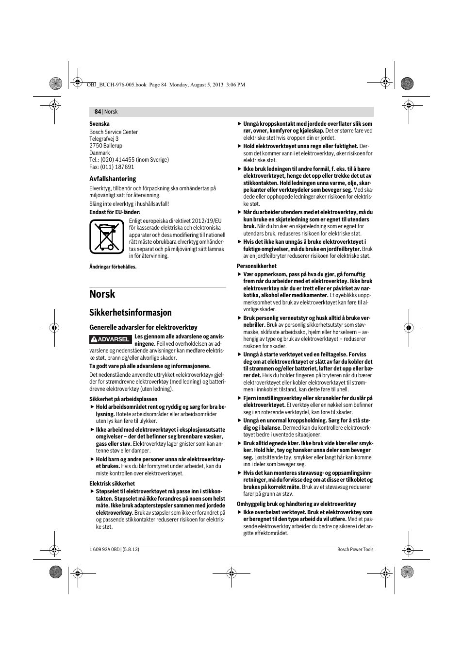 Norsk, Sikkerhetsinformasjon | Bosch PWS 20-230 J User Manual | Page 84 / 267