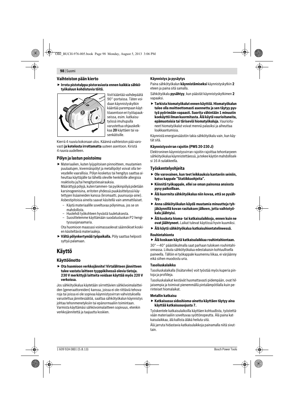 Käyttö | Bosch PWS 20-230 J User Manual | Page 98 / 267