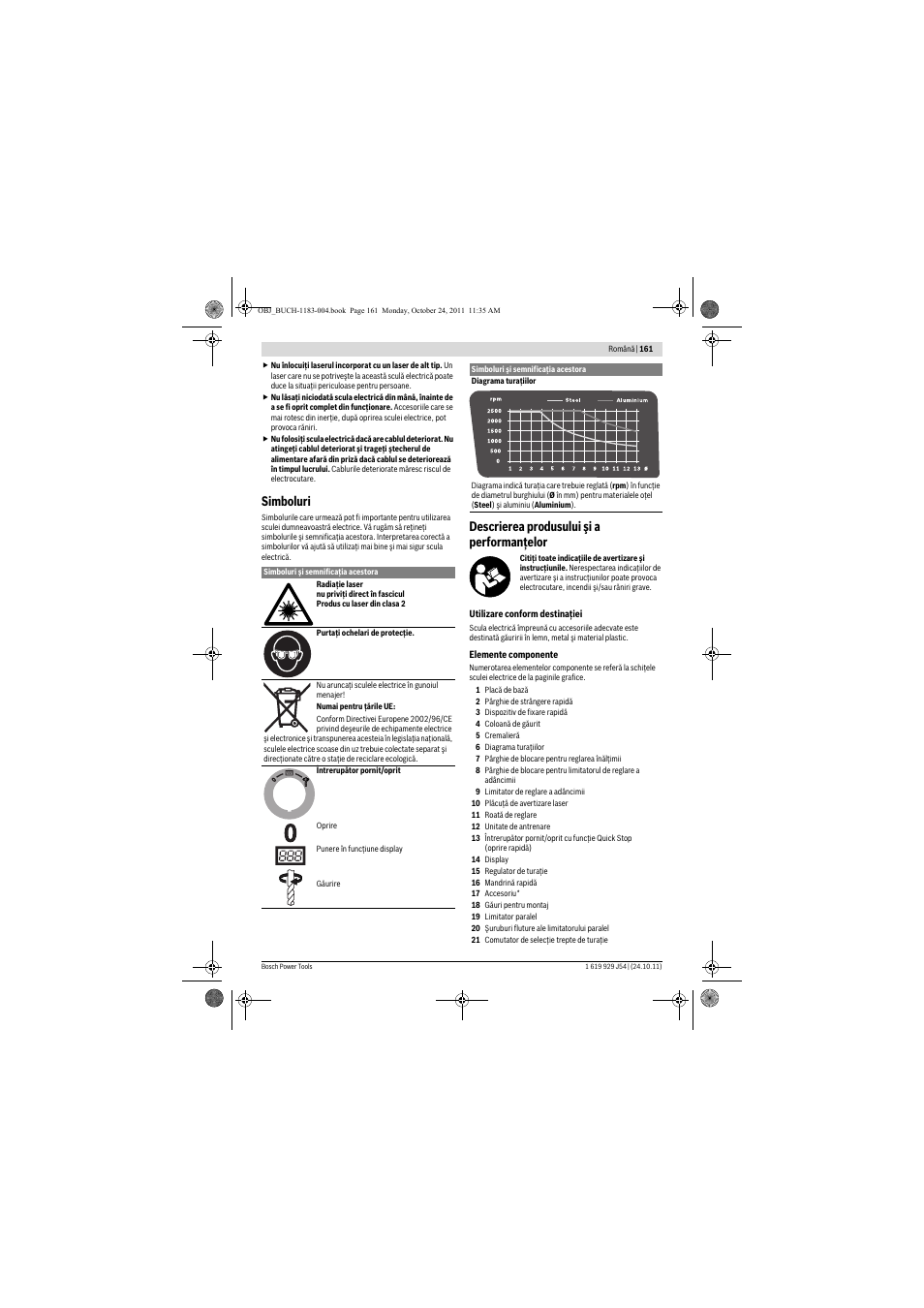 Simboluri, Descrierea produsului şi a performanţelor | Bosch PBD 40 User Manual | Page 161 / 221