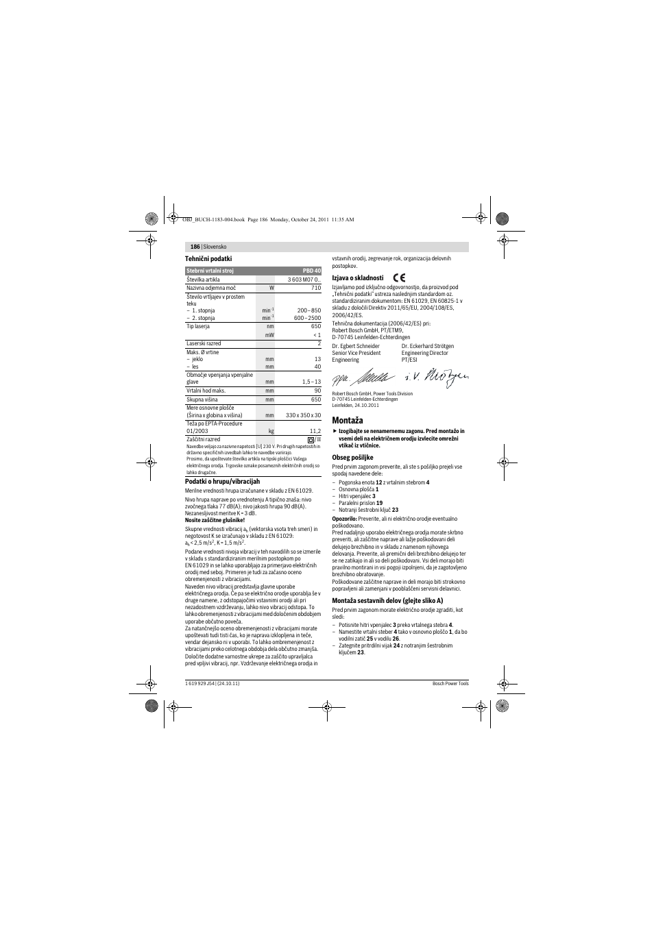 Montaža | Bosch PBD 40 User Manual | Page 186 / 221