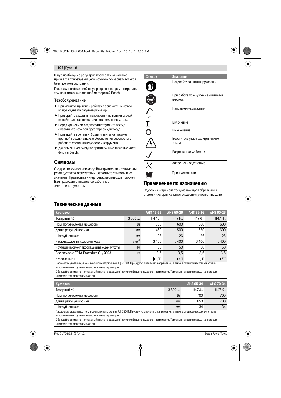 Символы, Применение по назначению, Технические данные | Bosch AHS 45-26 User Manual | Page 108 / 168