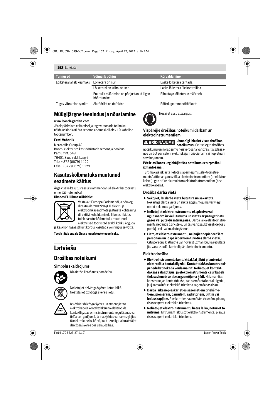 Latviešu, Müügijärgne teenindus ja nõustamine, Kasutuskõlbmatuks muutunud seadmete käitlus | Bosch AHS 45-26 User Manual | Page 152 / 168