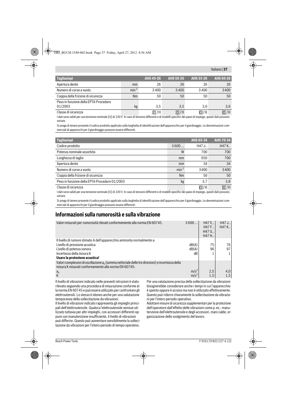 Informazioni sulla rumorosità e sulla vibrazione | Bosch AHS 45-26 User Manual | Page 37 / 168