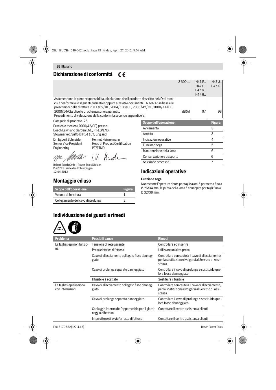 Dichiarazione di conformità, Montaggio ed uso indicazioni operative, Individuazione dei guasti e rimedi | Bosch AHS 45-26 User Manual | Page 38 / 168