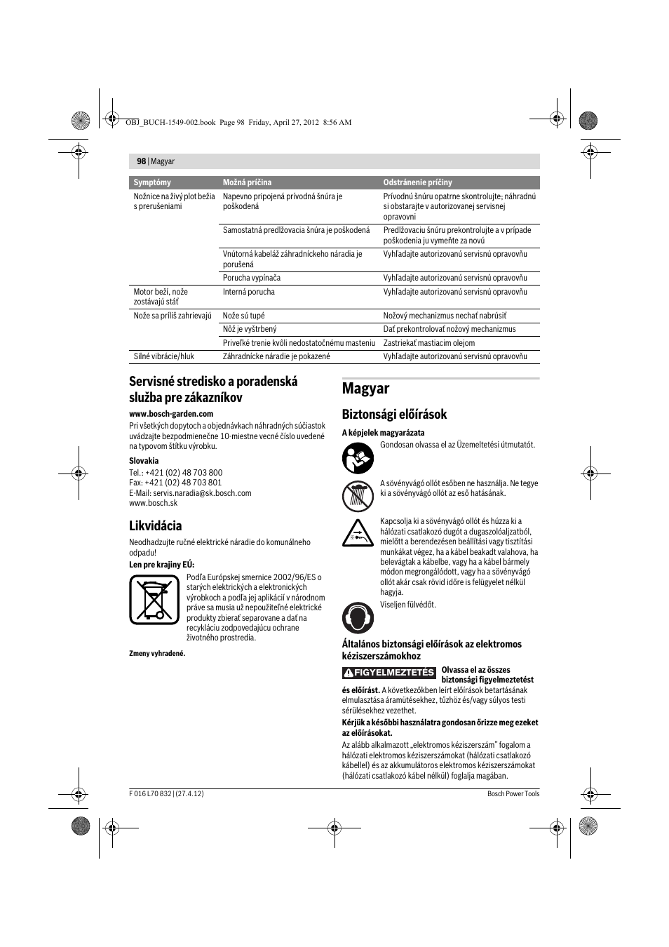 Magyar, Likvidácia, Biztonsági előírások | Bosch AHS 45-26 User Manual | Page 98 / 168