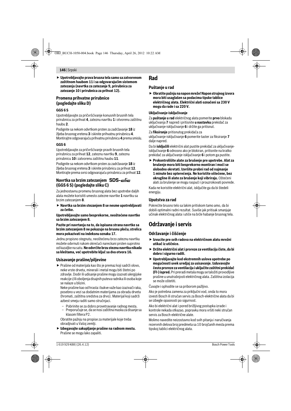 Održavanje i servis | Bosch GGS 6 S Professional User Manual | Page 146 / 190