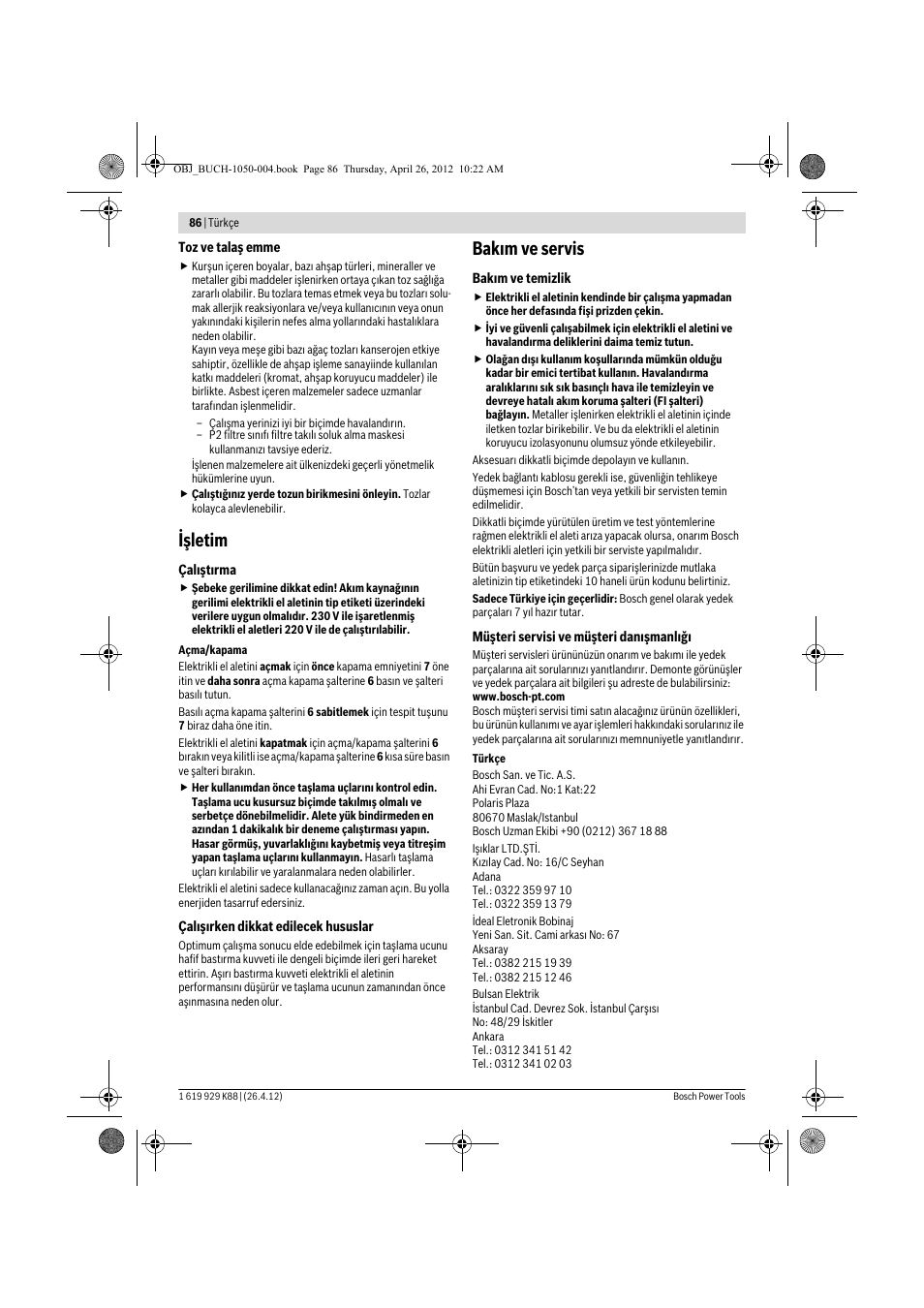 Işletim, Bak m ve servis | Bosch GGS 6 S Professional User Manual | Page 86 / 190